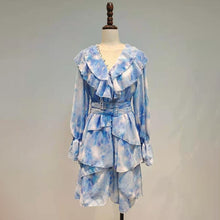 Load image into Gallery viewer, Blue Tie Dye Vintage Patchwork Ruffle Hit Color Dress - Pretty Fashionation
