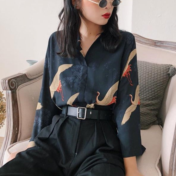 Vintage Kimono Style Japanese Cranes Shirt Blouse – Pretty Fashionation