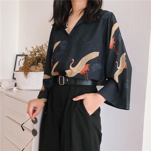 Vintage Kimono Style Japanese Cranes Shirt Blouse - Pretty Fashionation