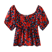 Load image into Gallery viewer, Floral High Waist Puff Sleeves Ruffles Blouse - Pretty Fashionation
