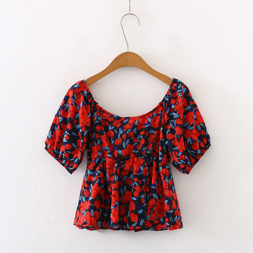 Floral High Waist Puff Sleeves Ruffles Blouse - Pretty Fashionation