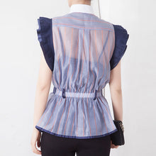Load image into Gallery viewer, Striped Ruffle See Through Stand Collar Blouse - Pretty Fashionation
