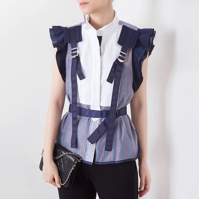 Striped Ruffle See Through Stand Collar Blouse - Pretty Fashionation