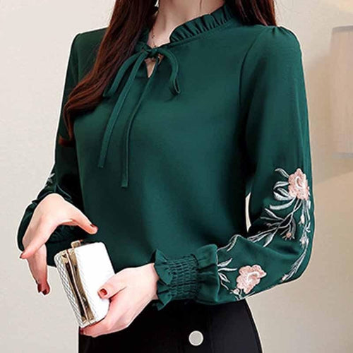 Bow Knot Chiffon Floral Embroidery Blouse - Pretty Fashionation