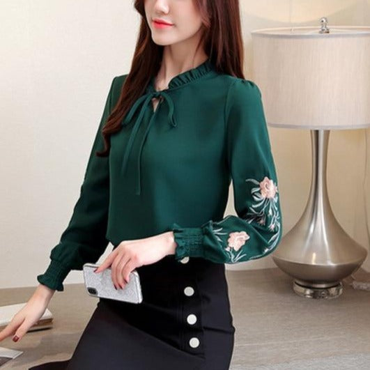 Bow Knot Chiffon Floral Embroidery Blouse - Pretty Fashionation