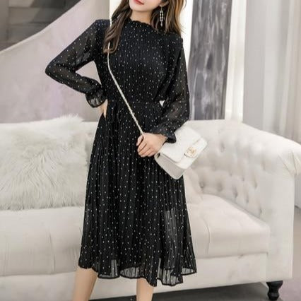 Vintage Black Polka Dot Pleated Chiffon Midi Dress - Pretty Fashionation