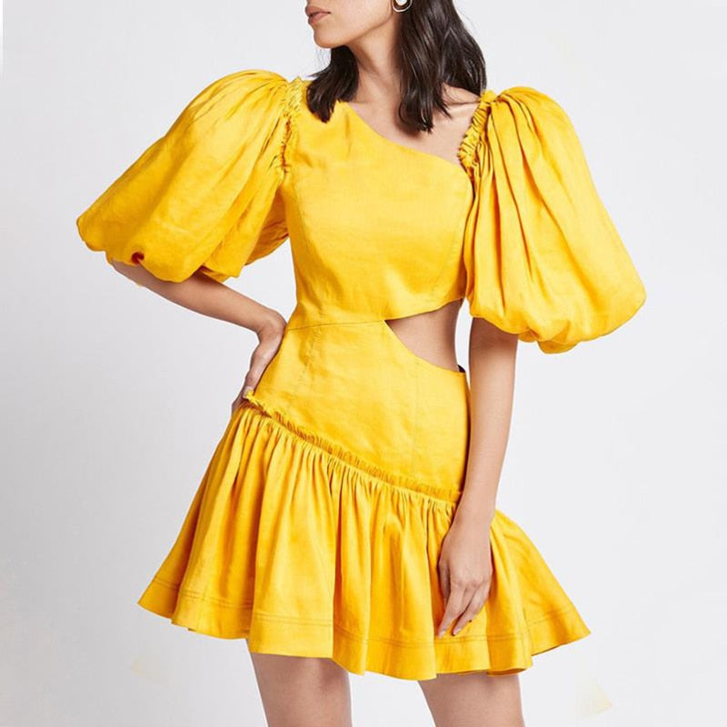 Designer Asymmetric Skew Collar Puff Sleeve Mini Dress - Pretty Fashionation