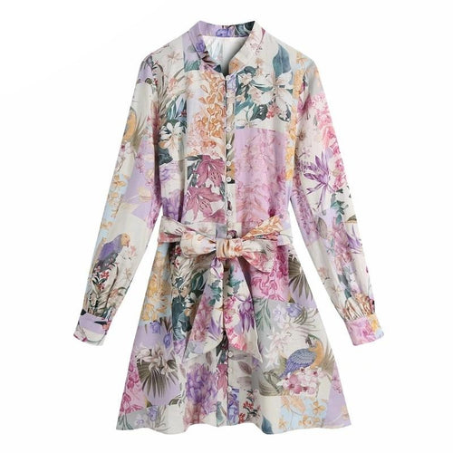 Stand Collar Patchwork Floral Bow Sashes Shirtdress - Pretty Fashionation