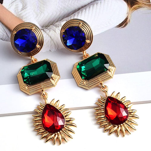 Retro Colorful Crystal Gold Statement Long Drop Earrings - Pretty Fashionation