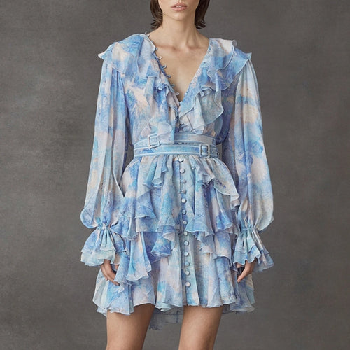 Blue Tie Dye Vintage Patchwork Ruffle Hit Color Dress - Pretty Fashionation