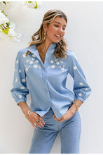Load image into Gallery viewer, Denim Embroidery Puff Sleeve Stand Collar Blouse
