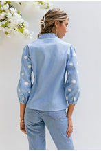 Load image into Gallery viewer, Denim Embroidery Puff Sleeve Stand Collar Blouse

