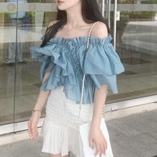 Load image into Gallery viewer, Vintage Blue Off Shoulder Ruffle Chiffon Blouse - Pretty Fashionation
