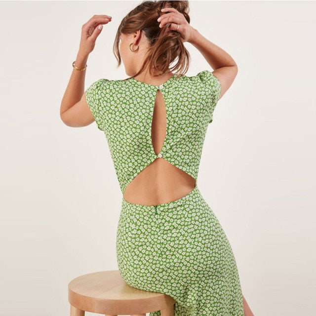 Vintage Boho Floral Green Slit Backless Midi Dress - Pretty Fashionation