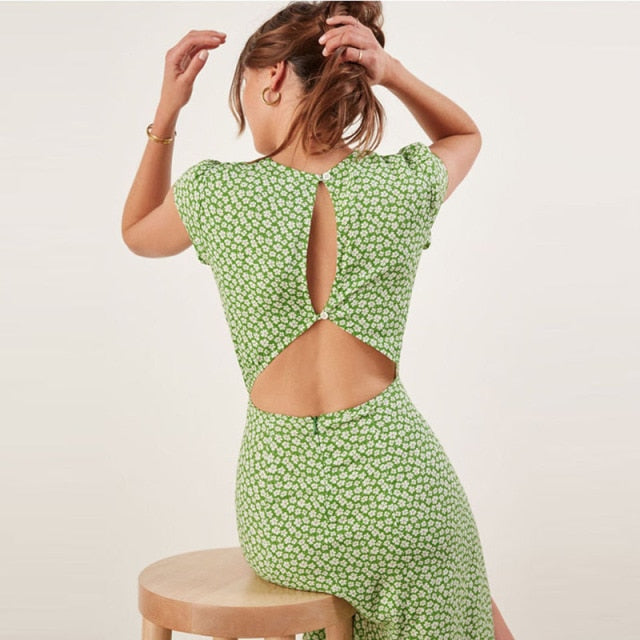 Vintage Boho Floral Green Slit Backless Midi Dress Pretty Fashionation Vintage Boho Floral Green Slit Backless Midi Dress Pretty Fashionation