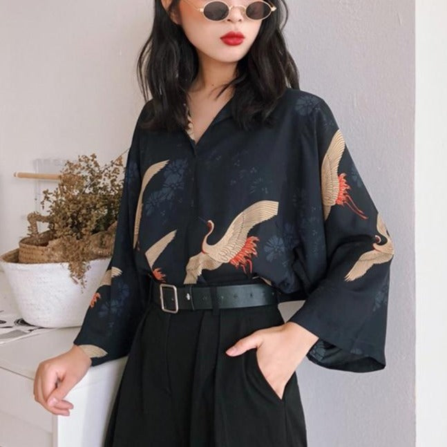 Vintage Kimono Style Japanese Cranes Shirt Blouse – Pretty Fashionation