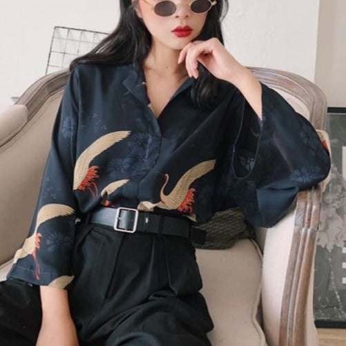Vintage Kimono Style Japanese Cranes Shirt Blouse - Pretty Fashionation