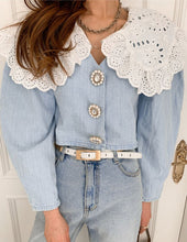 Load image into Gallery viewer, Vintage Peter Pan Doll Lace Collar Denim Blouse - Pretty Fashionation
