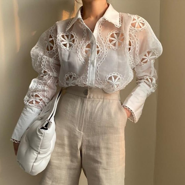 White Floral Hollow Out Embroidery Lace Blouse - Pretty Fashionation