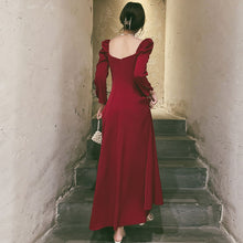 Load image into Gallery viewer, Designer Red Split Puff Sleeve Cocktail Dress
