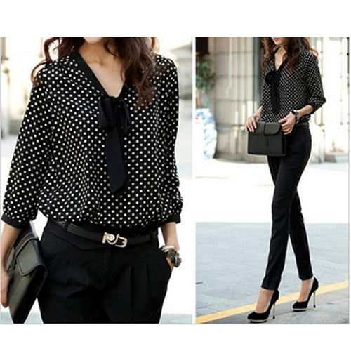 Retro Polka Dot Bow Collar Chiffon Blouse - Pretty Fashionation