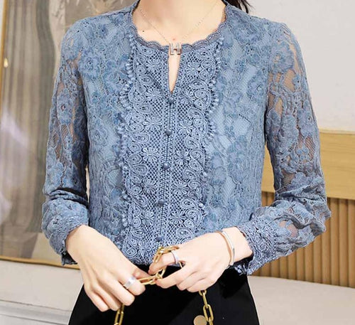 Blue Lace Floral Delicate Blouse - Pretty Fashionation