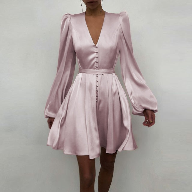 Satin Fit and Flare Lantern Sleeve Empire Dress