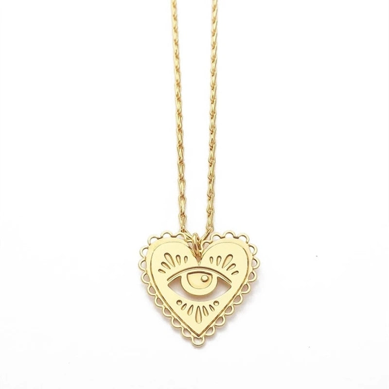 Sacred Heart Evil Eye Charm Pendant Necklace - Pretty Fashionation
