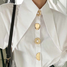 Load image into Gallery viewer, Designer Golden Button Lantern Sleeve Shirt Blouse
