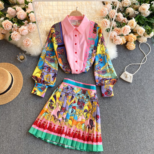 Exotic Lapel Puff Sleeve Shirt & Skirt Two Piece Set - Pretty Fashionation