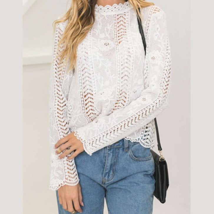 Stand Collar Lace Hollow Out Top Blouse - Pretty Fashionation
