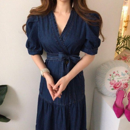 Ruffled Puff Sleeve Denim V-neck Empire Belted Dress - Pretty Fashionation