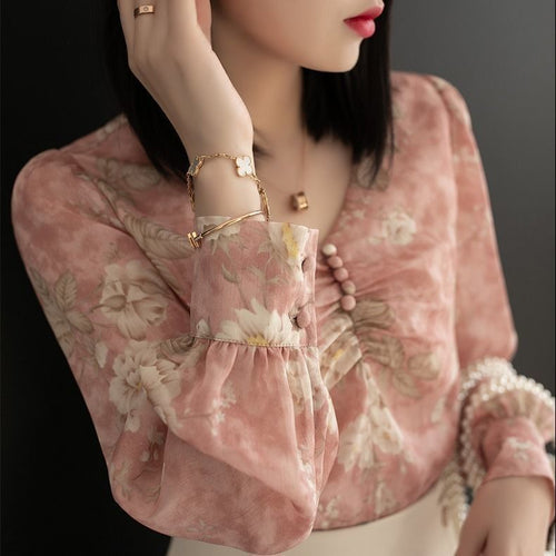 Retro Foral V-neck Pleated Chiffon Shirt Blouse - Pretty Fashionation