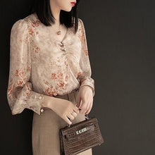 Load image into Gallery viewer, Retro Foral V-neck Pleated Chiffon Shirt Blouse - Pretty Fashionation
