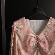 Load image into Gallery viewer, Retro Foral V-neck Pleated Chiffon Shirt Blouse - Pretty Fashionation
