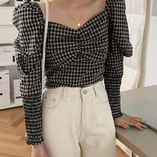 Load image into Gallery viewer, Retro Square Collar Puff Sleeve Plaid Blouse - Pretty Fashionation
