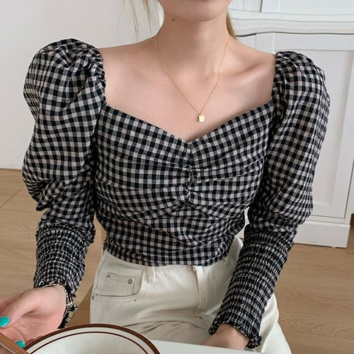 Retro Square Collar Puff Sleeve Plaid Blouse - Pretty Fashionation