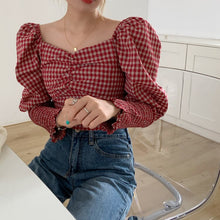 Load image into Gallery viewer, Retro Square Collar Puff Sleeve Plaid Blouse - Pretty Fashionation
