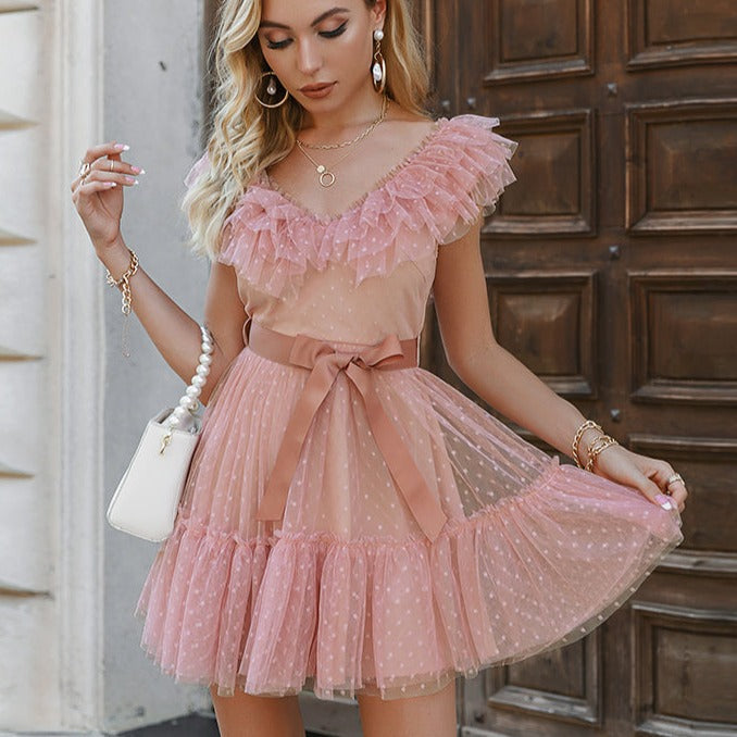 Polka Dot Tulle Ruffle Sweet Mini Dress Polka Dot Tulle Ruffle Sweet Mini Dress