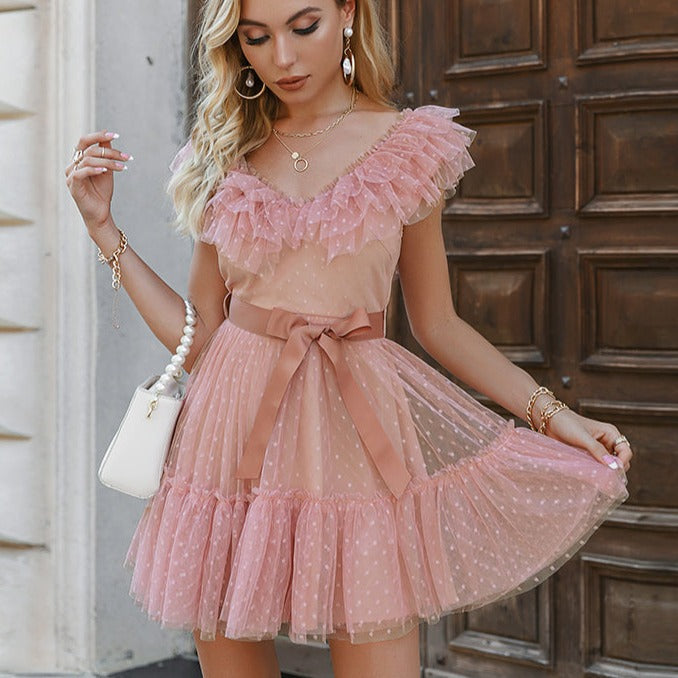 Polka Dot Tulle Ruffle Sweet Mini Dress