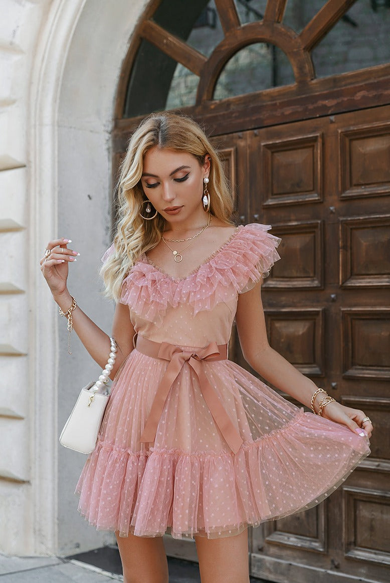open lace back dress Polka Dot Tulle Ruffle Sweet Mini Dress