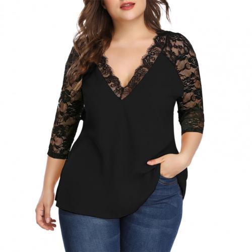 Plus Size Three Quarter V-Neck Lace Blouse - Pretty Fashionation