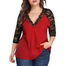 Load image into Gallery viewer, Plus Size Three Quarter V-Neck Lace Blouse - Pretty Fashionation
