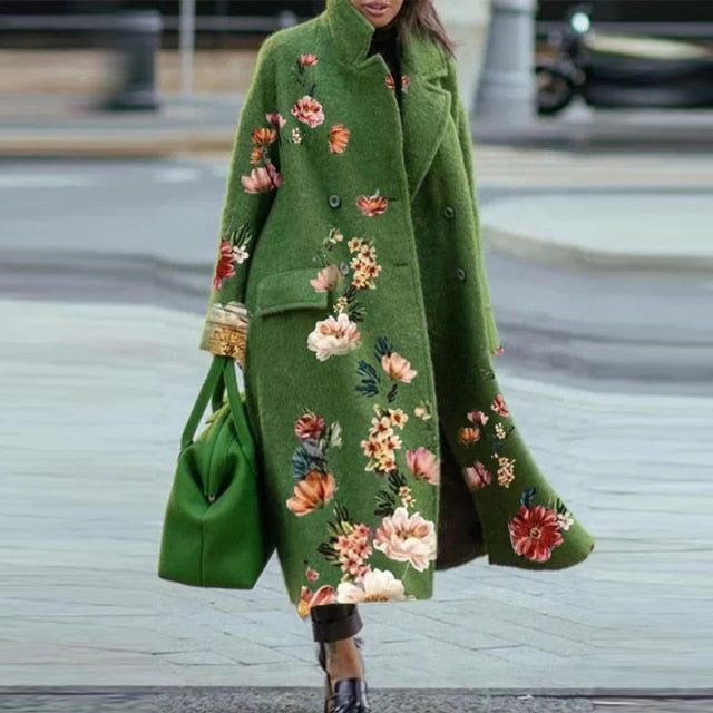 Designer Vintage Retro Green Floral Wool Coat