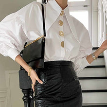 Load image into Gallery viewer, Designer Golden Button Lantern Sleeve Shirt Blouse
