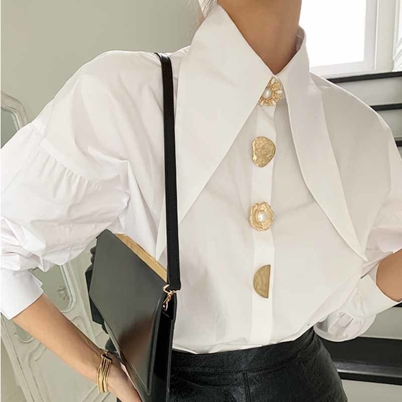 Designer Golden Button Lantern Sleeve Shirt Blouse