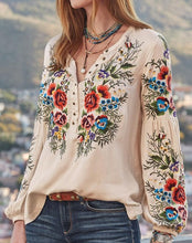 Load image into Gallery viewer, Bohemian Floral Embroidery Lantern Sleeve Blouse
