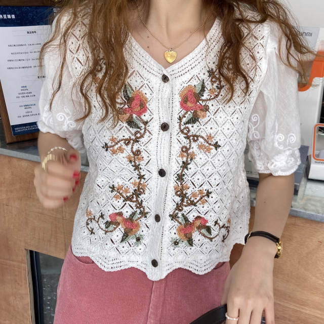 Vintage Floral Embroidery Hollow Out Lace Blouse