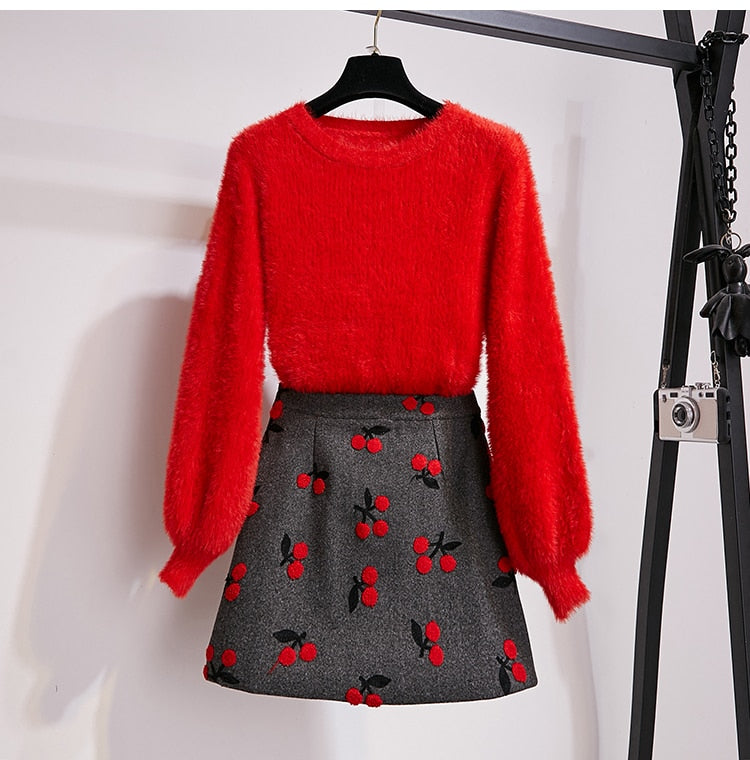 Two Piece Set Mohair Pullover And Embroidery Mini Skirt