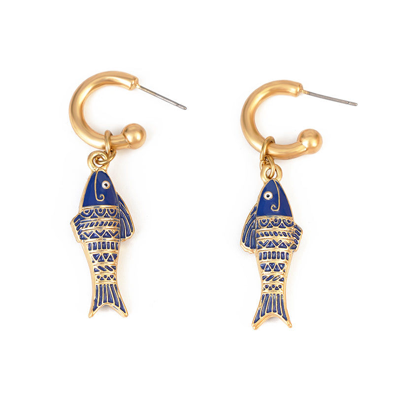 Blue Marine Fish Charms Stud Pendant Earrings